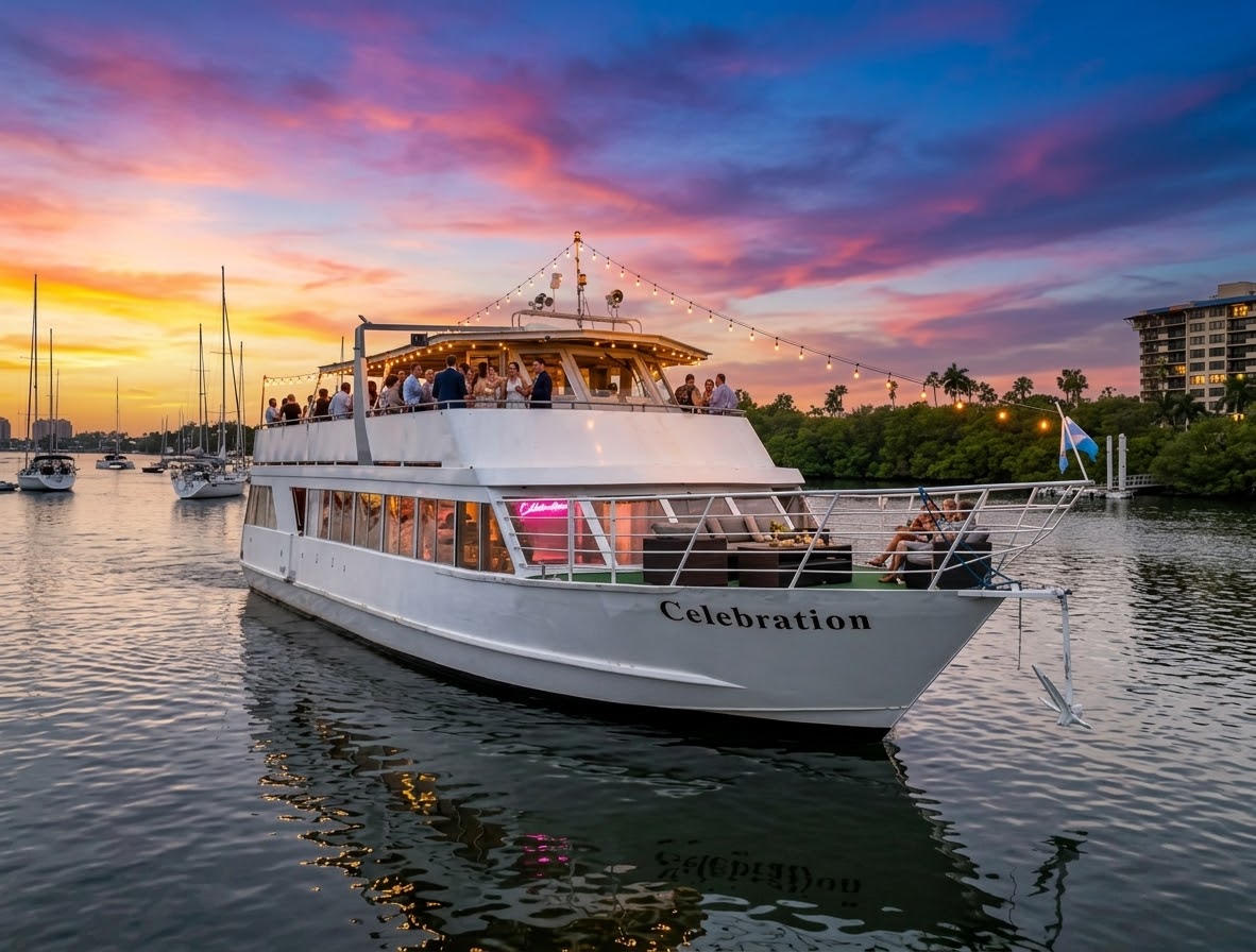 The Celebration charter boat cruising past the Miami skyline at sunset